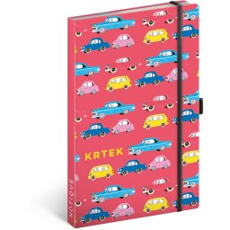 Keménytáblás notesz krémszínű lapokkal, vonalas, leszorító gumiszalaggal The Little Mole - Cars 130x210mm, Presco