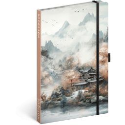 Keménytáblás notesz krémszínű lapokkal, vonalas, leszorító gumiszalaggal Japan 130x210mm, Presco