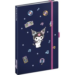 Keménytáblás notesz krémszínű lapokkal, vonalas, leszorító gumiszalaggal Kuromi 130x210mm, Presco