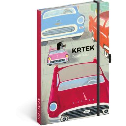 Keménytáblás notesz krémszínű lapokkal, vonalas, leszorító gumiszalaggal The Little Mole and the Car 130x210mm, Presco