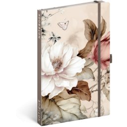 Keménytáblás notesz krémszínű lapokkal, vonalas, leszorító gumiszalaggal Powder Flower 130x210mm, Presco
