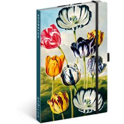 Keménytáblás notesz krémszínű lapokkal, vonalas, leszorító gumiszalaggal Tulips 130x210mm, Presco
