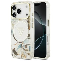 Guess IML Glitter Virágok háromszög MagSafe tok iPhone 17 Pro fehérhez