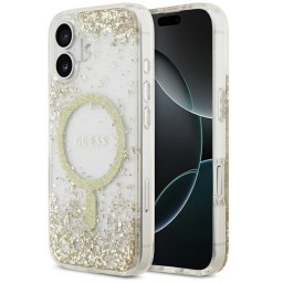 Guess Resin Bottom Glitter Apple iPhone 17 MagSafe tok, csillámos, átlátszó-arany