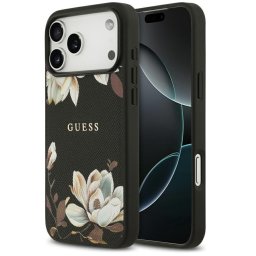 Guess Grained Flowers Classic Logo Apple iPhone 17 MagSafe tok, virág minta, fekete