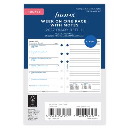Filofax Naptárbetét Heti 1 hét / 1 oldal + 1 oldal jegyzet Pocket Fehér 2027