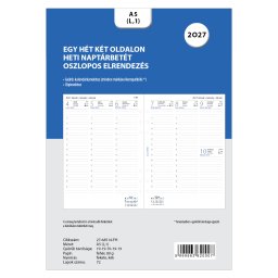 Filofax Naptárbetét Heti 1 hét / 2 oldal Oszlopos 5 nyelvű A5 Fehér 2027