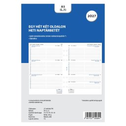 Filofaxhoz Naptárbetét Heti 1 hét / 2 oldal Magyar (H-GB-D) A5 Fehér 2027