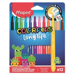 MAPED Filctoll készlet, 3,7 mm, kimosható, MAPED ,,Color'Peps Long Life 2", 12 különböző szín