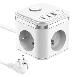 Tápegység VIKING YC33, fehér/kimenet:3xAC, 1xUSB-A,2xUSB-C/On/Off gomb/1,4m kábel