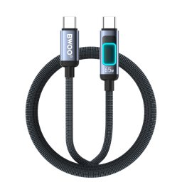 Type-C - Type-C gyorstöltő adatkábel, PD 65W, 1M, fekete, szövettel fonott, RGB led, BWOO BO-X324C-C