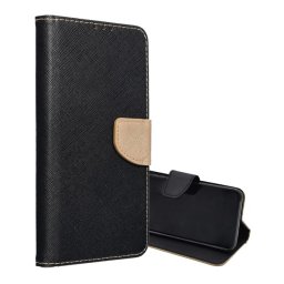 Tok álló, bőr hatású (FLIP, oldalra nyíló, asztali tartó, kártyazseb, textil hatás) FEKETE/ARANY Samsung Galaxy A37 5G (SM-A376)