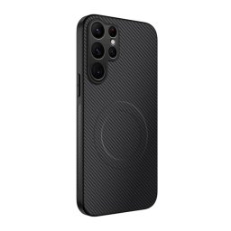 Szilikon telefonvédő (műanyag hátlap, karbon minta, mágneses) FEKETE Samsung Galaxy S25 Ultra (SM-S938)