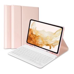 Tok álló, bőr hatású (FLIP, bluetooth billentyűzet, asztali tartó, QWERTY, angol nyelvű) RÓZSASZÍN Samsung Galaxy Tab A8 10.5 LTE (2021) SM-X205, Galaxy Tab A8 10.5 WIFI (2021) SM-X200