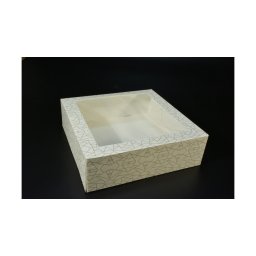 Ablakos süteményes doboz fehér-arany geometrikus mintával 26x26x8 cm