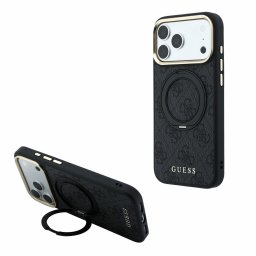 Guess PU 4G Ring Stand Apple iPhone 18 Pro Max hátlap tok kitámasztóval, MagSafe, fekete-arany
