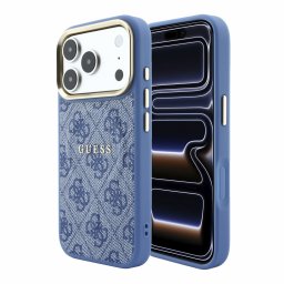 Guess PU Leather 4G Gold Frame Embossed Apple iPhone 18 Pro / iPhone 17 Pro hátlap tok, MagSafe, kék-arany