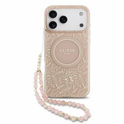 Guess IML Flowers Allover Strap Apple iPhone 18 Pro / iPhone 17 Pro hátlap tok karpánttal, MagSafe, rózsaszín