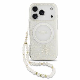 Guess IML Flowers Allover Strap Apple iPhone 18 Pro Max hátlap tok karpánttal, MagSafe, fehér