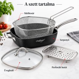 Cheffinger Home 24 cm mély serpenyő szett sütőkosárral és üvegfedővel - 4 részes
