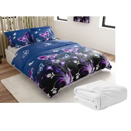 Mikroplüss ágyneműhuzat szett VIOLET BUTTERFLY sötétkék + mikroplüss lepedő SOFT 180x200 cm fehér, dupla ágyhoz