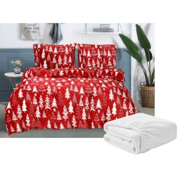Mikroplüss ágynemű szett CHRISTMAS TREES piros + Mikroplüss lepedő SOFT 180x200 cm fehér, franciaágy