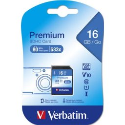 VERBATIM Memóriakártya, SDHC, 16GB, CL10/U1, 80/10 MB/s, VERBATIM "Premium"