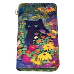 Rajzolt cicás pénztárca - 20x10 cm - fekete macska virágok között