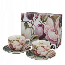 Magnólia virágos porcelán csésze aljjal - 270 ml - 2 személyes készlet díszdobozban