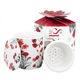 Pipacsos porcelán bögre szűrővel - 400 ml - piros díszdobozos