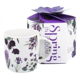 Virágos porcelán bögre - 400 ml - lila design díszdobozban