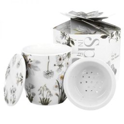 Virágos porcelán bögre szűrővel - 400 ml - fehér díszdobozos