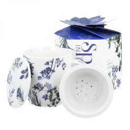 Virágos porcelán bögre szűrővel - 400 ml - kék díszdobozos