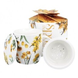 Virágos porcelán bögre szűrővel - 400 ml - sárga díszdobozos