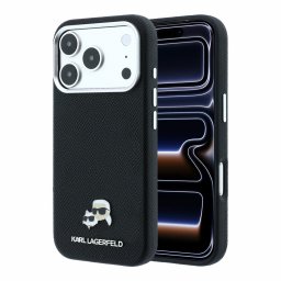 Karl Lagerfeld PU Grained Semi Wrap K&CH Heads Apple iPhone 18 Pro / 17 Pro tok, MagSafe, fekete-ezüst