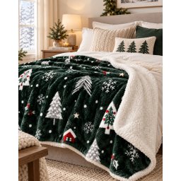 Karácsonyi sherpa takaró 200×230 cm - sötétzöld, fenyőfa és hópehely mintával