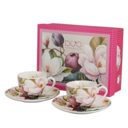 Magnólia virágos porcelán espresso kávéscsésze aljjal 110 ml - 2 személyes - díszdobozos