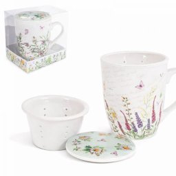 Mezei virágos bögre porcelán tetővel és szűrővel - 300 ml - zöld