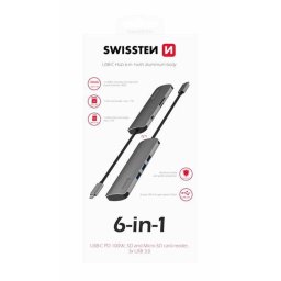 SWISSTEN 6-IN-1 USB-C HUB (USB-C PD, 3x USB 3.0, SD, MICRO SD) ALUMÍNIUM