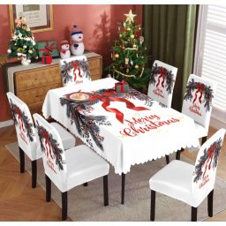 Karácsonyi asztalterítő + 6 db székhuzat szett - fehér-piros ,,Merry Christmas" mintával