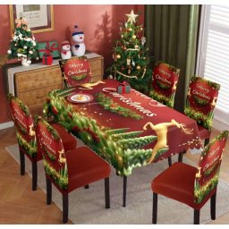 Karácsonyi asztalterítő + 6 db székhuzat szett - bordó-piros, rénszarvasos ,,Merry Christmas" mintával