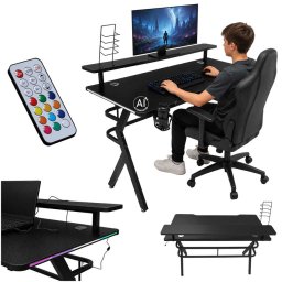 Gaming asztal LED RGB világítással, polccal és kiegészítőkkel, 120x60cm