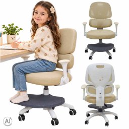 Ergonomikus gyerek íróasztal szék, forgó, állítható, lábtartóval, bézs