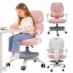 Rózsaszín ergonomikus gyerek íróasztal szék, állítható, forgó, lábtartóval