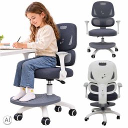 Gyermek ergonomikus íróasztal szék, forgó, állítható, lábtartóval, szürke