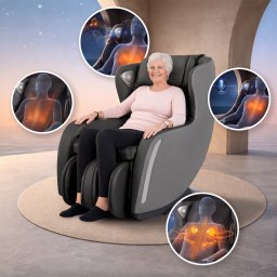 Masszázsfotel Fidardo, légmasszázs, infra melegítés, 12 párna, 2 fej, 6 masszázstípus, lábtartó, hangvezérlés, Bluetooth zene fekete-szürke