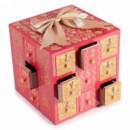ADVENTI NAPTÁR fából - piros arany masnival - 14,5x13,5x14,5 cm