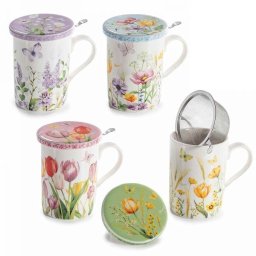 Virágos bögre porcelán tetővel és fém szűrővel - 350 ml 4-féle - díszdobozban