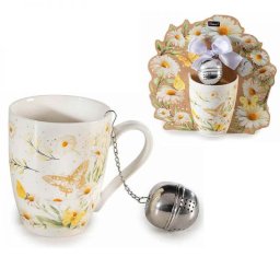 Margaréta virágos - pillangós porcelán bögre szett fémszűrővel - 300 ml - design csomagolásban