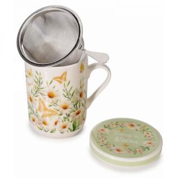 Margaréta virágos - pillangós porcelán bögre tetővel és fémszűrővel - 300 ml